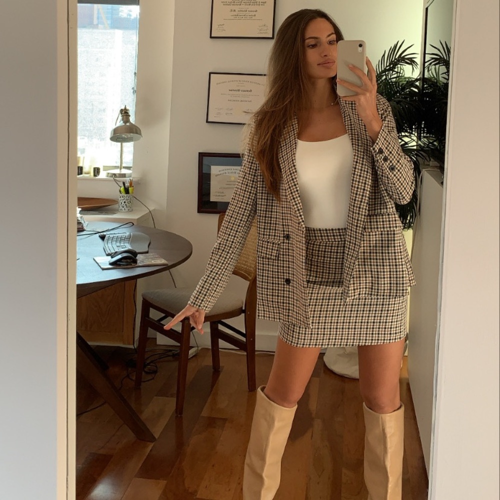 Plaid Blazer with Skirt Set